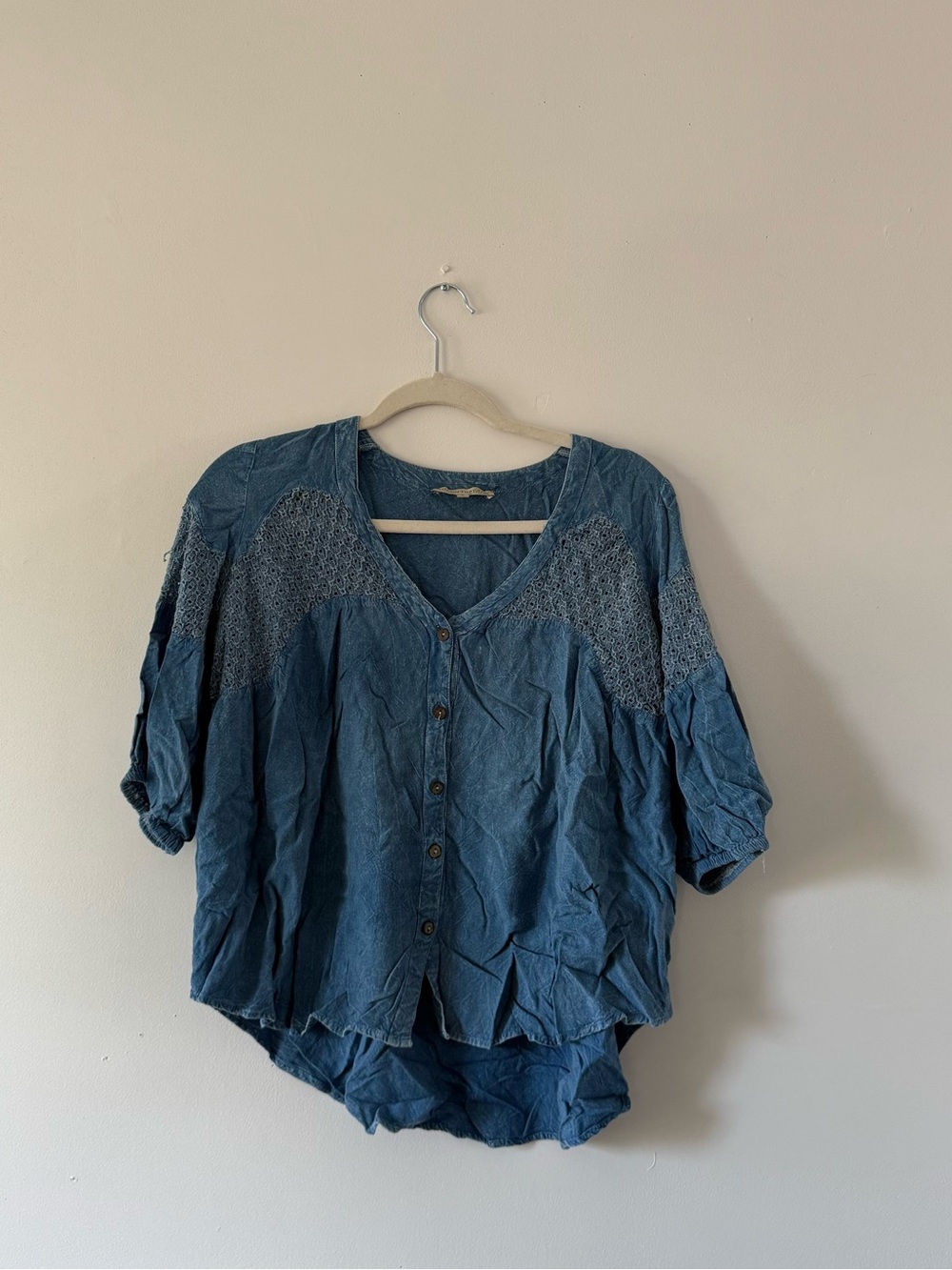 Young Threads Blue Chambray Flowy Boho Yoke Top Western Chic